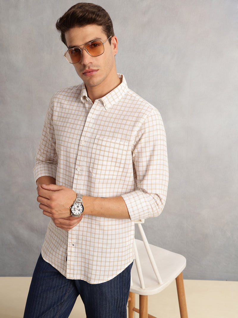 Thomas Scott Men Beige Regular Fit Long Sleeves Button Down Collar Windowpane Check 100% Cotton Casual Shirt