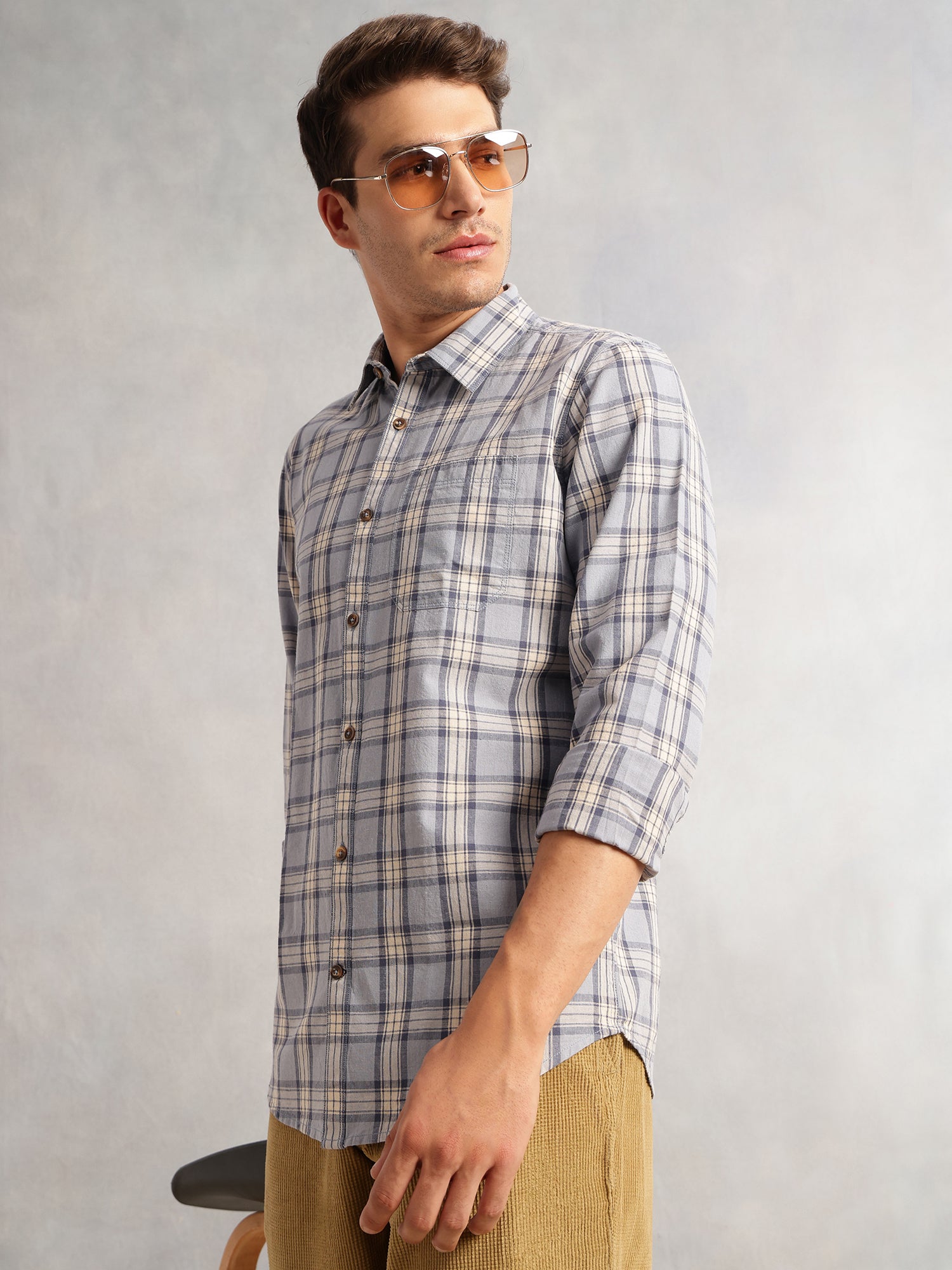 Thomas Scott Men Blue Regular Fit Long Sleeves Spread Collar Cotton Plaid Checked 100% Cotton Casual Shirt