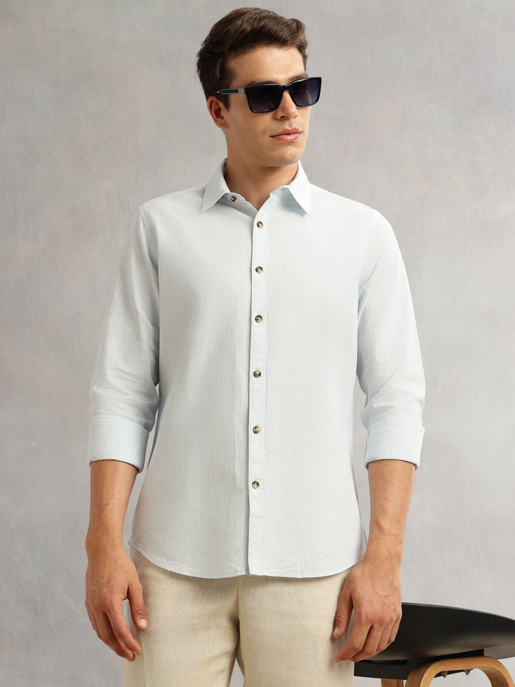 Thomas Scott Men Blue Cricket Club Collection Premium Slim Fit Long Sleeves Spread Collar Textured Cotton Linen Shirt