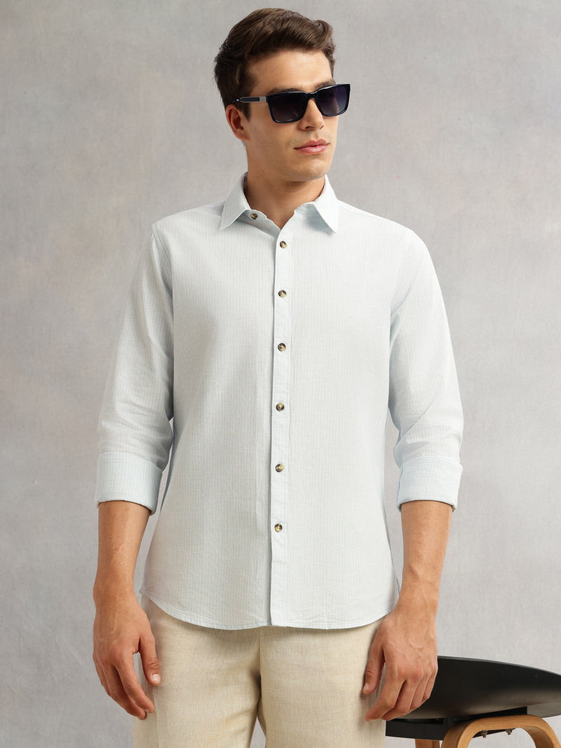 Thomas Scott Men Blue Cricket Club Collection Premium Slim Fit Long Sleeves Spread Collar Textured Cotton Linen Shirt