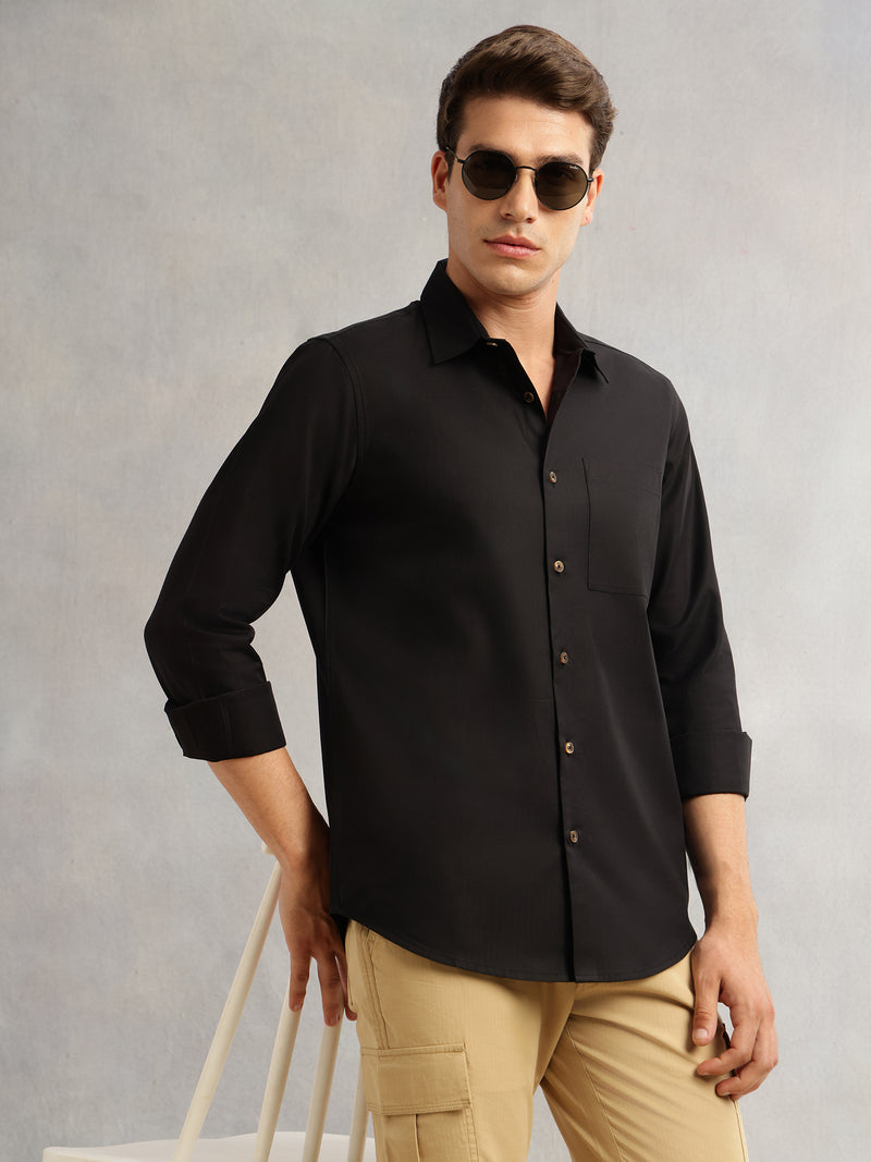 Thomas Scott Men Black Premium Regular Fit Long Sleeves Spread Collar Textured 100% Cotton Casual Shirt