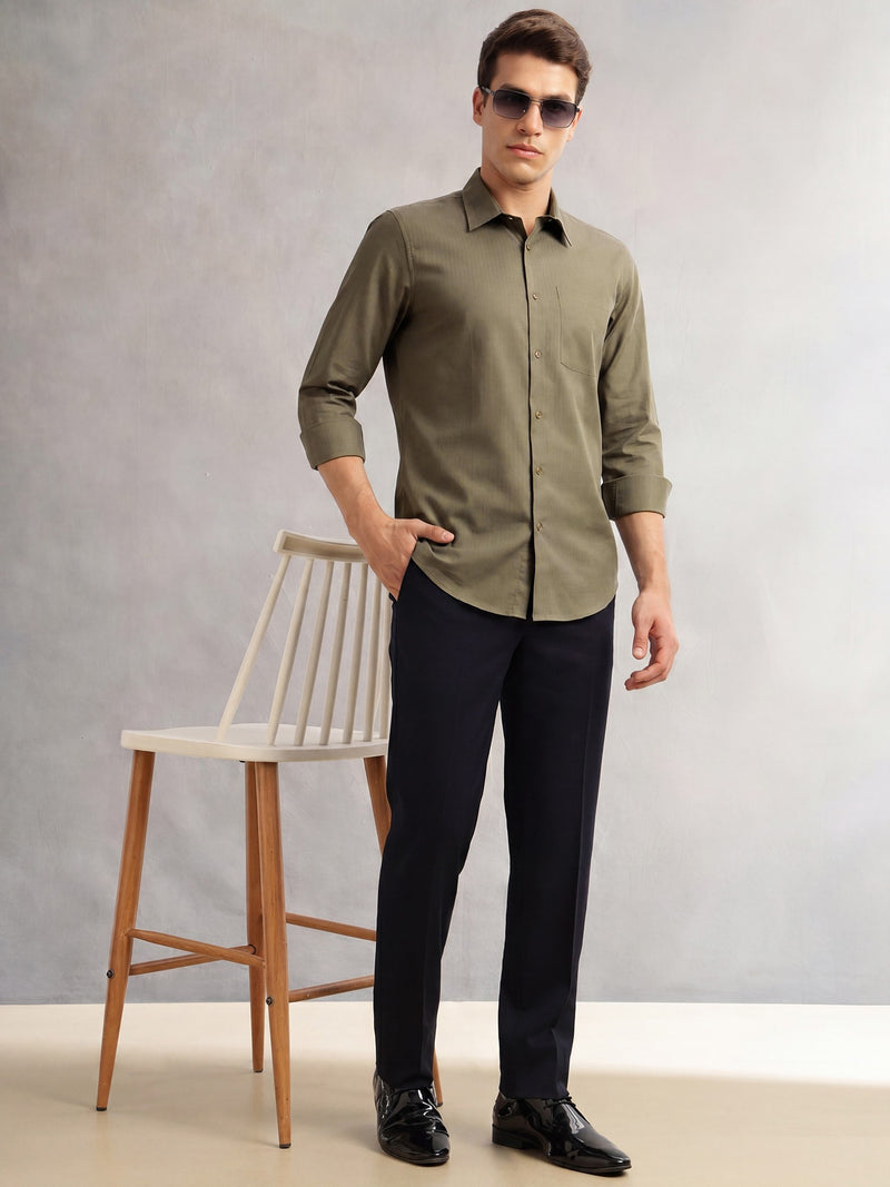Thomas Scott Men Olive Premium Regular Fit Long Sleeves Spread Collar Textured 100% Cotton Casual Shirt