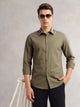 Thomas Scott Men Olive Premium Regular Fit Long Sleeves Spread Collar Textured 100% Cotton Casual Shirt
