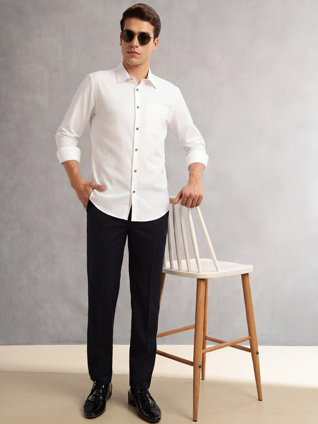 Thomas Scott Men White Premium Regular Fit Long Sleeves Spread Collar Textured 100% Cotton Casual Shirt