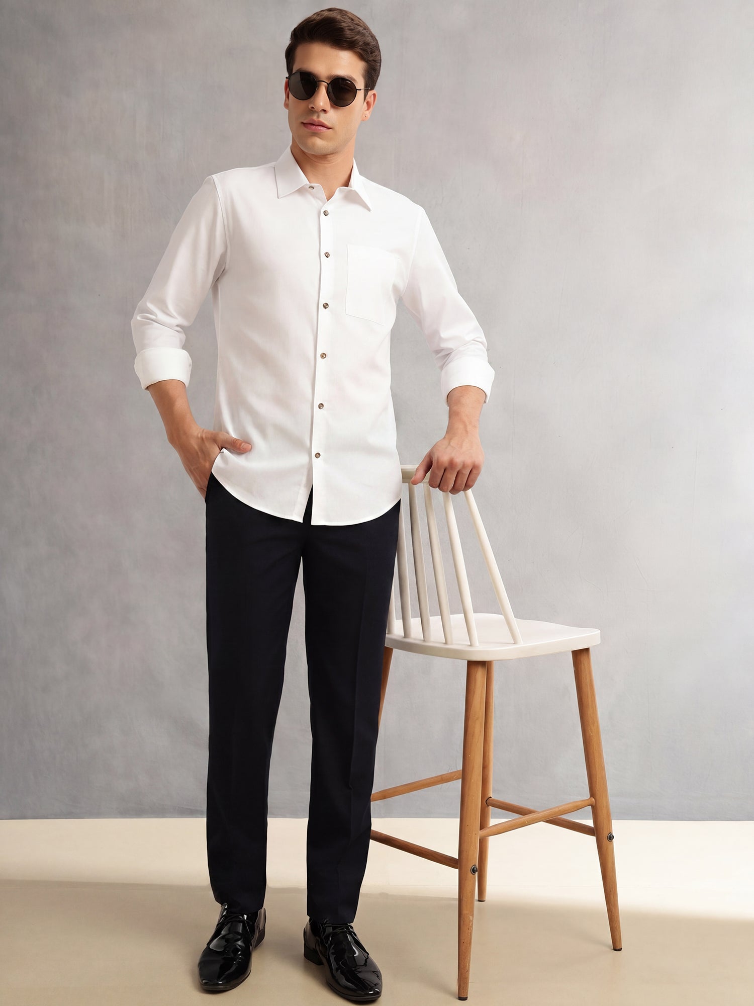Thomas Scott Men White Premium Regular Fit Long Sleeves Spread Collar Textured 100% Cotton Casual Shirt