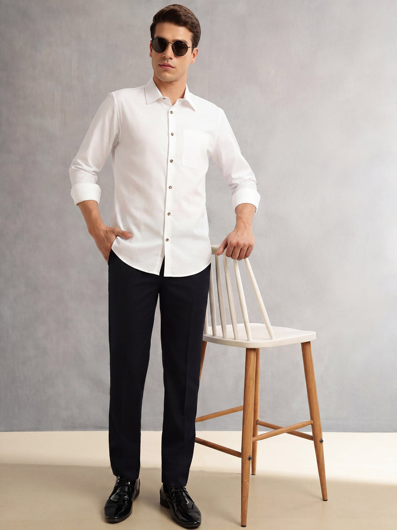 Thomas Scott Men White Premium Regular Fit Long Sleeves Spread Collar Textured 100% Cotton Casual Shirt