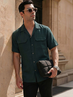 Thomas Scott Men Premium Olive Oversize Fit Short Sleeves Cuban Collar Textured Casual Shirt