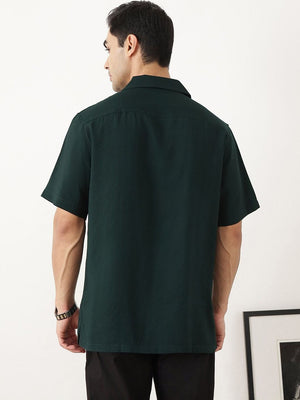 Thomas Scott Men Premium Olive Oversize Fit Short Sleeves Cuban Collar Textured Casual Shirt