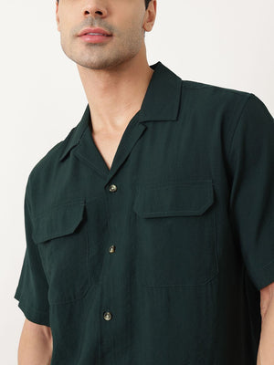 Thomas Scott Men Premium Olive Oversize Fit Short Sleeves Cuban Collar Textured Casual Shirt