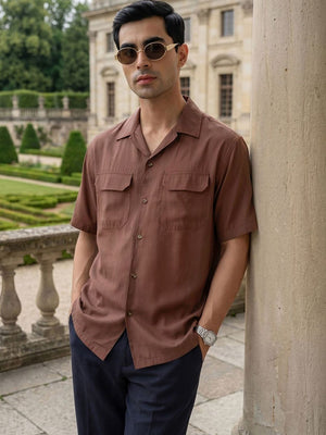 Thomas Scott Men Premium Rust Oversize Fit Short Sleeves Cuban Collar Textured Casual Shirt