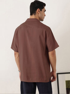 Thomas Scott Men Premium Rust Oversize Fit Short Sleeves Cuban Collar Textured Casual Shirt