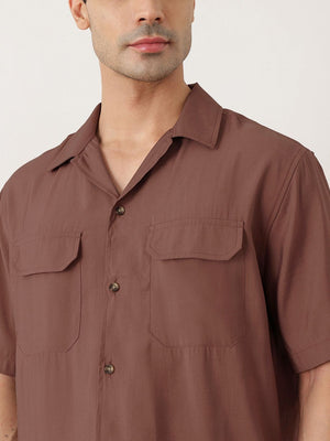Thomas Scott Men Premium Rust Oversize Fit Short Sleeves Cuban Collar Textured Casual Shirt