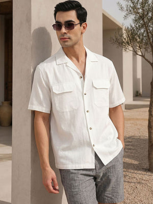 Thomas Scott Men Premium White Oversize Fit Short Sleeves Cuban Collar Textured Casual Shirt