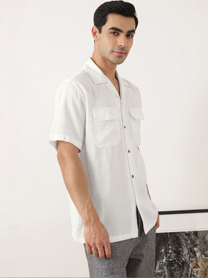 Thomas Scott Men Premium White Oversize Fit Short Sleeves Cuban Collar Textured Casual Shirt
