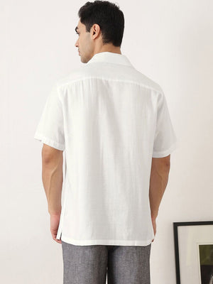 Thomas Scott Men Premium White Oversize Fit Short Sleeves Cuban Collar Textured Casual Shirt