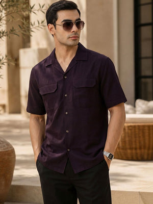 Thomas Scott Men Premium Wine Oversize Fit Short Sleeves Cuban Collar Textured Casual Shirt
