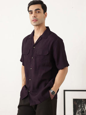 Thomas Scott Men Premium Wine Oversize Fit Short Sleeves Cuban Collar Textured Casual Shirt