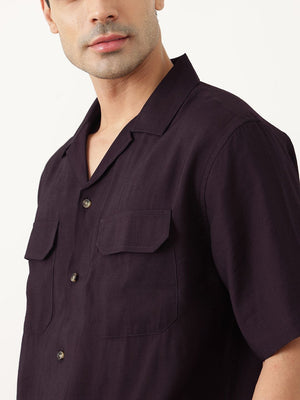 Thomas Scott Men Premium Wine Oversize Fit Short Sleeves Cuban Collar Textured Casual Shirt