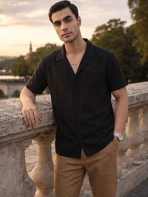 Thomas Scott Men Premium Black Oversize Fit Short Sleeves Cuban Collar Solid Casual Shirt