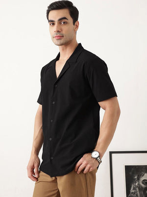 Thomas Scott Men Premium Black Oversize Fit Short Sleeves Cuban Collar Solid Casual Shirt