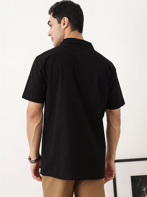 Thomas Scott Men Premium Black Oversize Fit Short Sleeves Cuban Collar Solid Casual Shirt