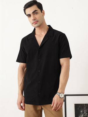 Thomas Scott Men Premium Black Oversize Fit Short Sleeves Cuban Collar Solid Casual Shirt