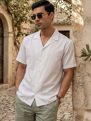 Thomas Scott Men Premium White Oversize Fit Short Sleeves Cuban Collar Solid Casual Shirt