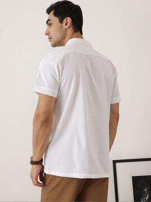 Thomas Scott Men Premium White Slim Fit Short Sleeves Spread Collar Solid Casual Shirt