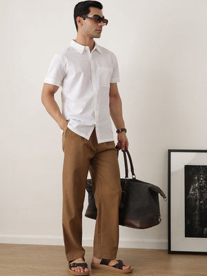Thomas Scott Men Premium White Slim Fit Short Sleeves Spread Collar Solid Casual Shirt