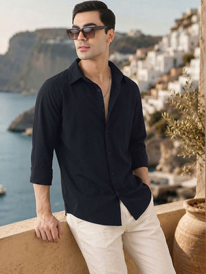 Thomas Scott Men Premium Navy Slim Fit Long Sleeves Spread Collar Solid Casual Shirt