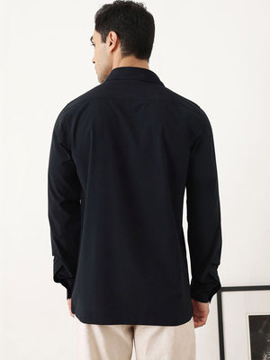 Thomas Scott Men Premium Navy Slim Fit Long Sleeves Spread Collar Solid Casual Shirt