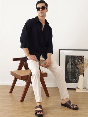Thomas Scott Men Premium Navy Slim Fit Long Sleeves Spread Collar Solid Casual Shirt