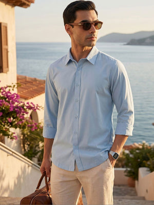 Thomas Scott Men Premium Sky Blue Slim Fit Long Sleeves Spread Collar Solid Casual Shirt