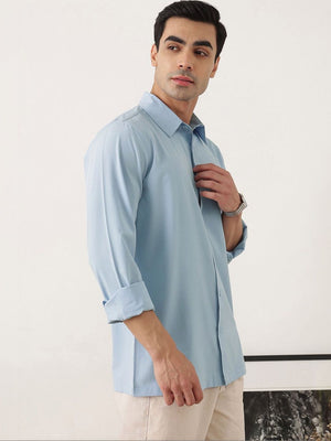 Thomas Scott Men Premium Sky Blue Slim Fit Long Sleeves Spread Collar Solid Casual Shirt
