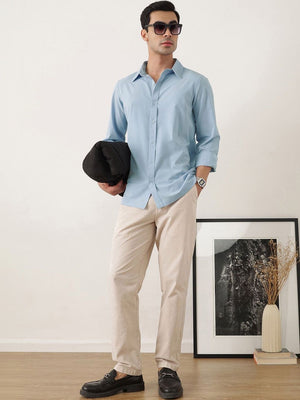 Thomas Scott Men Premium Sky Blue Slim Fit Long Sleeves Spread Collar Solid Casual Shirt