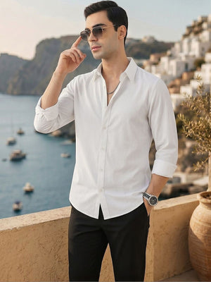 Thomas Scott Men Premium White Slim Fit Long Sleeves Spread Collar Solid Casual Shirt