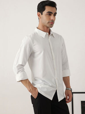 Thomas Scott Men Premium White Slim Fit Long Sleeves Spread Collar Solid Casual Shirt
