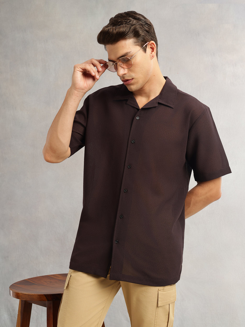 Thomas Scott Men Brown Premium Oversize Fit Short Sleeves Camp Collar Textured Polyester Casual Shirt
