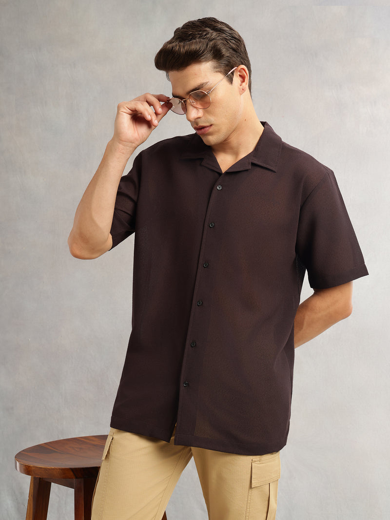 Thomas Scott Men Brown Premium Oversize Fit Short Sleeves Camp Collar Textured Polyester Casual Shirt