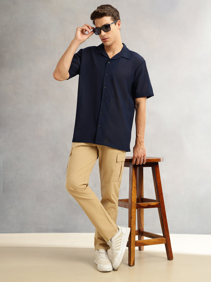 Thomas Scott Men Navy Premium Oversize Fit Short Sleeves Camp Collar Textured Polyester Casual Shirt