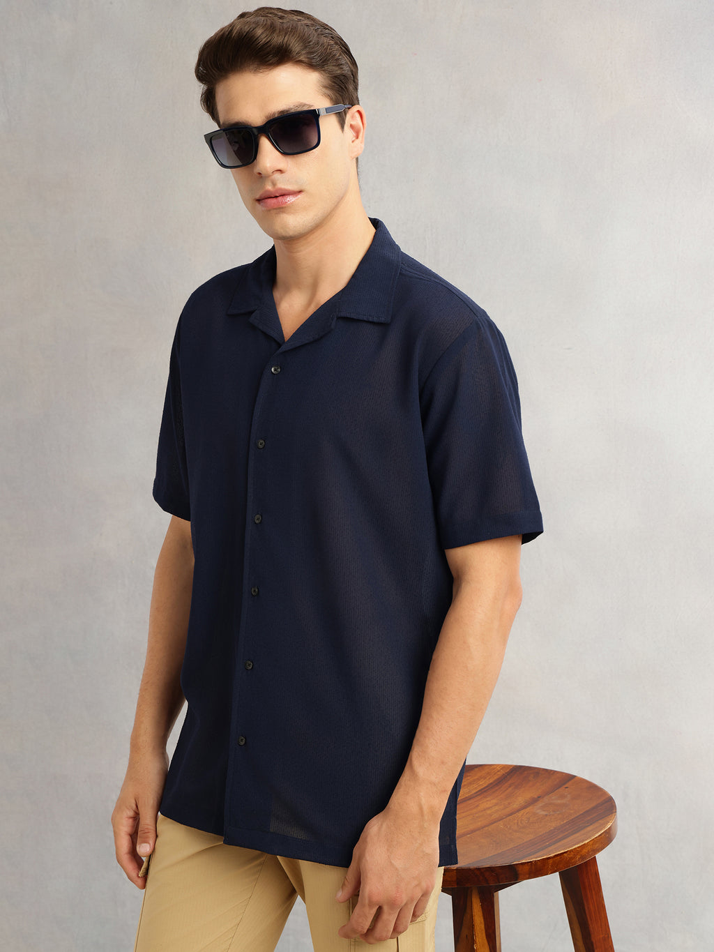 Thomas Scott Men Navy Premium Oversize Fit Short Sleeves Camp Collar Textured Polyester Casual Shirt