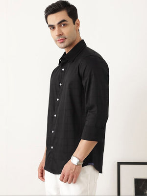 Black Regular Fit Long Sleeves Spread Collar Windowpane Checks Cotton Lycra Casual Shirt For Men