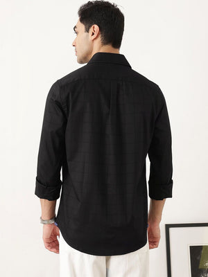 Black Regular Fit Long Sleeves Spread Collar Windowpane Checks Cotton Lycra Casual Shirt For Men