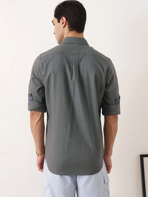 Thomas Scott Men Steel Grey Premium Slim Fit Long Roll-Up Sleeves Spread Collar Solid Cotton Casual Shirt with Flap Pockets