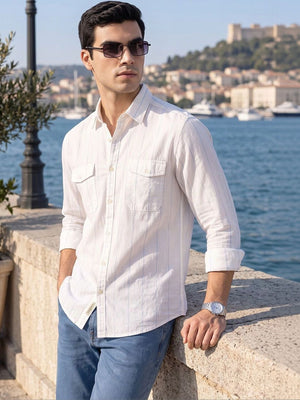 Light Blue Regular Fit Long Sleeves Spread Collar Vertical Stripes Cotton Linen Casual Shirt For Men