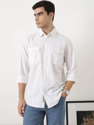 Light Blue Regular Fit Long Sleeves Spread Collar Vertical Stripes Cotton Linen Casual Shirt For Men