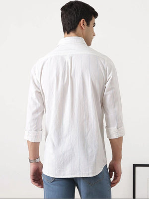 Light Blue Regular Fit Long Sleeves Spread Collar Vertical Stripes Cotton Linen Casual Shirt For Men
