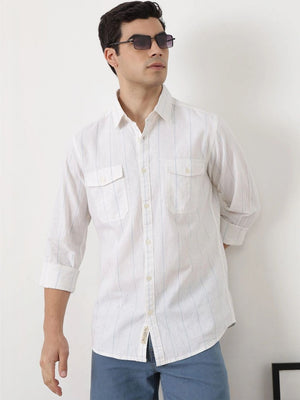 Light Blue Regular Fit Long Sleeves Spread Collar Vertical Stripes Cotton Linen Casual Shirt For Men