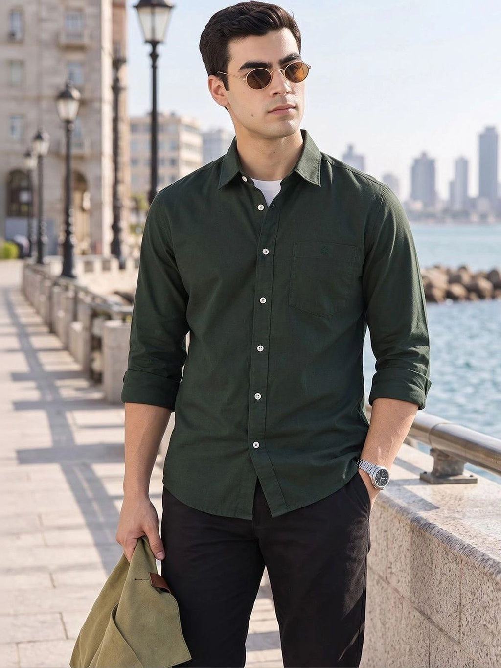 Bottle Green Premium Slim Fit Long Sleeves Spread Collar Solid Cotton Oxford Casual Shirt For Men