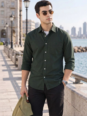 Bottle Green Premium Slim Fit Long Sleeves Spread Collar Solid Cotton Oxford Casual Shirt For Men